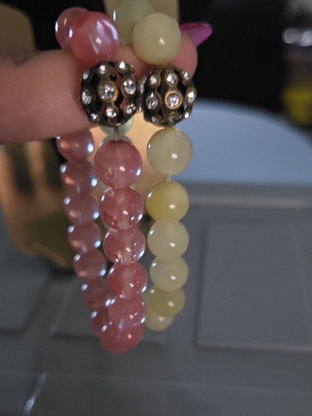 Source Unknown Pink and Pale Yellow Beaded Stretch Bracelet Duo